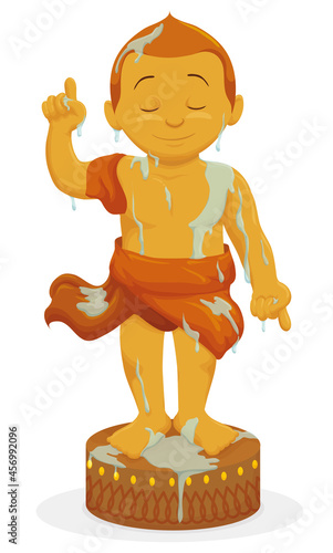 Golden statue of child Buddha for the ritual of bathing, Vector illustration