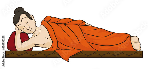 Reclined Buddha with closed eyes in cartoon style, Vector illustration