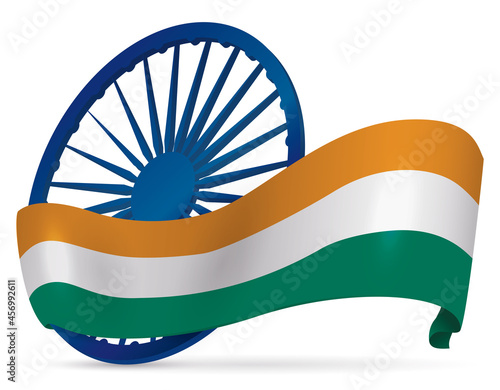 Ashoka Chakra wheel wrapped with India flag, Vector illustration