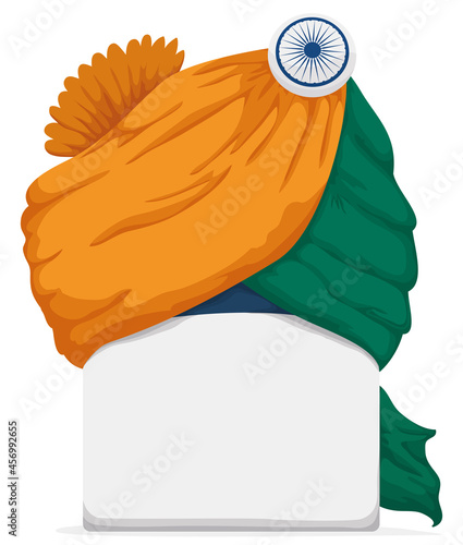 Traditional turban with Indian colors decorated with button and sign, Vector illustration