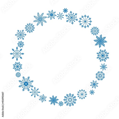 Snowflakes Wreath. Round Winter frame. Congratulatory New Year and Christmas frame with copy space for text, photo, save date, logo, monogram. Blue snowflakes on white. Vector linear illustration.