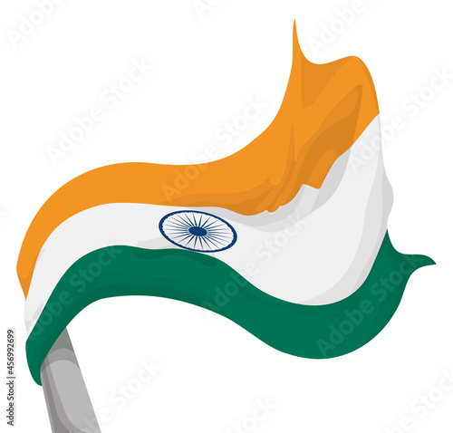 View of waving India flag and flagpole in cartoon style, Vector illustration