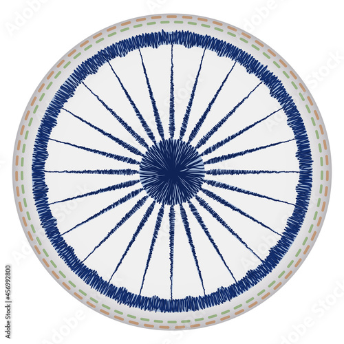 Button with stitched Ashoka Chakra wheel symbol, Vector illustration
