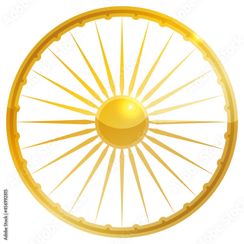 Golden and glossy Ashoka Chakra wheel over white background, Vector illustration
