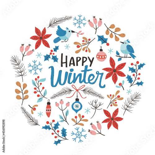 Hand drawn floral winter card with winter flowers, branches, birds and christmas decoration. Colorful vector illustration with isolated elements.