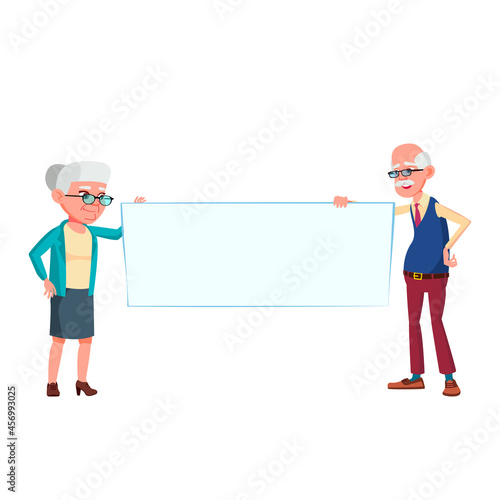 Man And Woman Senior Holding Blank Banner Vector. Caucasian Cheerful Grandfather And Grandmother Hold Empty Banner On Parade Togetherness. Characters Grandparents Flat Cartoon Illustration