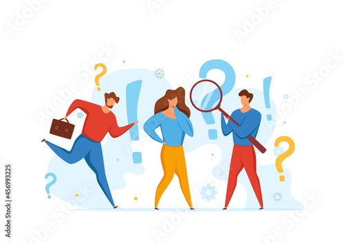 FAQ concept of men looking through magnifying glass at interrogation point and question mark. Vecror illustration of searching solutions, useful information, customer support, solving problem, choice.