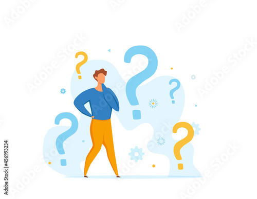 concept of thoughtful men looking at interrogation point and question mark. Vecror illustration of searching solutions,  customer support, solving problem, choice. Frequently asked questions template.