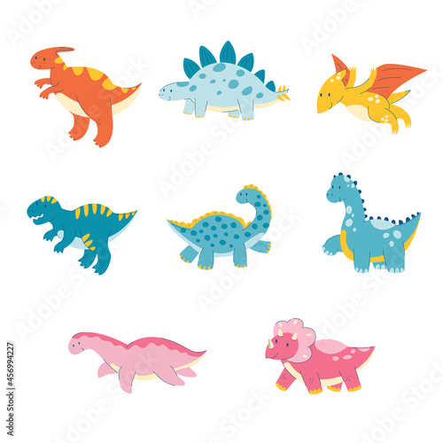 Cute dino dinosaur cartoon set. Triceratops  diplodocus  parasaurolophus  tyrannosaurus. A reptile with a horn. Flat animal dragon. Vector stock illustration on a white background.