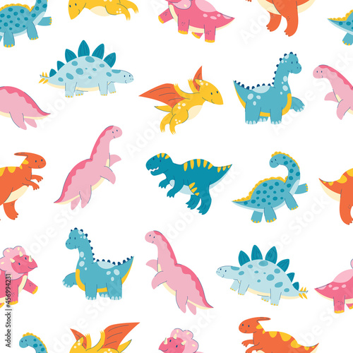 seamless pattern with cute cartoon dinosaur. dinosaur  reptile  dragon  monster flat pattern. Seamless texture with baby kid animal. Stock vector illustration on a white background.