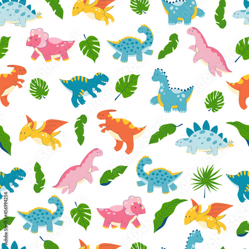 dinosaur seamless pattern. Cute kids dino cartoon pattern. triceratops, tyrannosaurus, diplodocus and palm leaves. stock vector children's flat illustration on a white background.