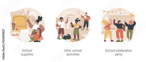 School life abstract concept vector illustration set. Supplies, after school activity, celebration party, classroom equipment, extracurricular activity, graduation party, engagement abstract metaphor.