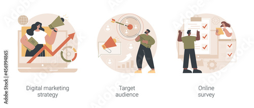 Media content campaign abstract concept vector illustration set. Digital marketing strategy, target audience, online survey, market segmentation, user engagement, research analysis abstract metaphor.