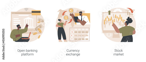 Financial system abstract concept vector illustration set. Open banking platform, currency exchange, stock market index, forex broker, digital transformation, global investment abstract metaphor.