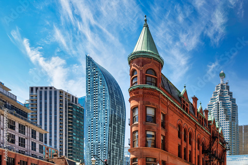 Architecture contrast of the Gooderham building with the downtown district in Toronto Canada