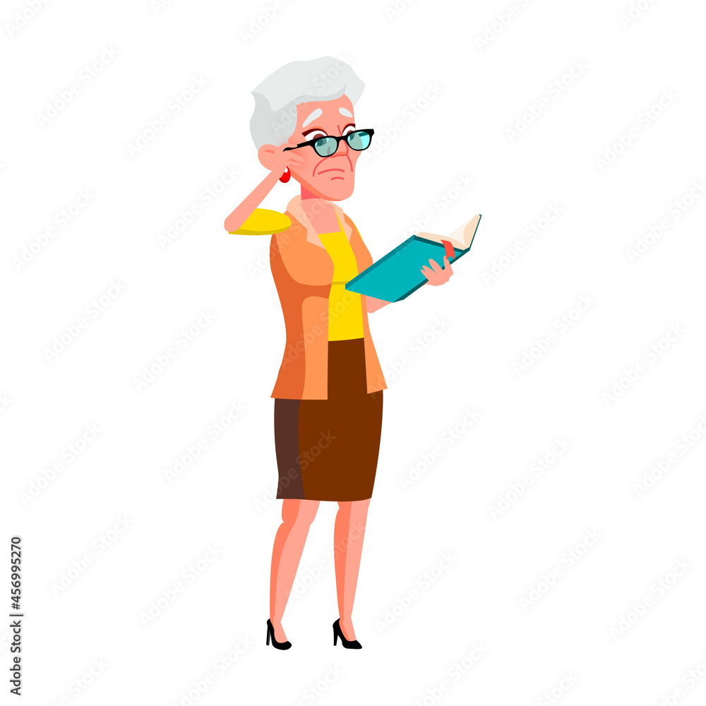 Sad Elderly Woman Reading Book In Library Vector. Sadness Old Lady Standing And Read Story Book. Frustrated Character Grandmother With Glasses Enjoying Literature Flat Cartoon Illustration Sad Elderly Woman Reading Book In Library Vector. Sadness Old Lady Standing And Read Story Book. Frustrated Character Grandmother With Glasses Enjoying Literature Flat Cartoon Illustration