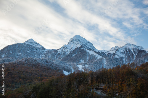 Red Autumn forest and mountains with a snowy peak.