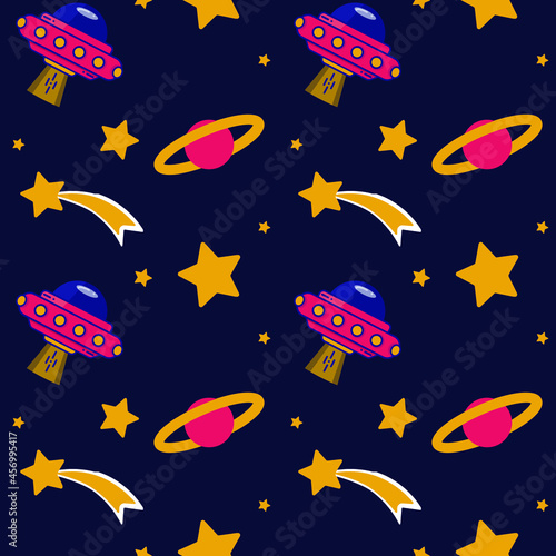 UFO flying in space pattern, bright colors