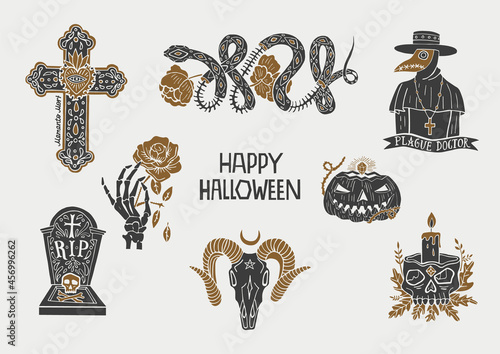 A collection of temporary black and white tattoos for Halloween. Set of stickers. Grave, plague doctor, cross, snake, skeleton hand, sinister pumpkin, goat skull, flowers
