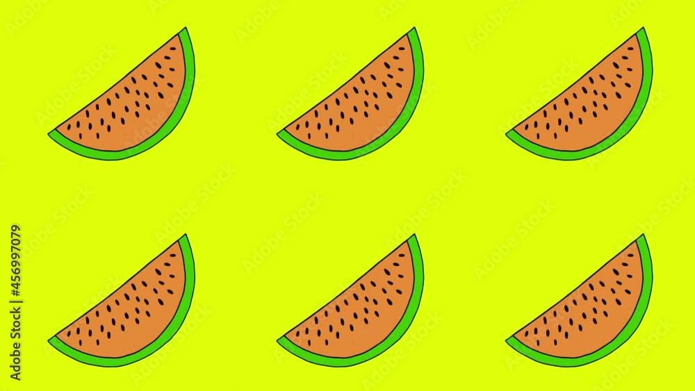 Watermelon slices rotating on changing color background seamless looping hd animation.