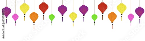 decorative traditional vietnamese colorful lanterns (violet, pink, yellow, orange, green and red) background, ornate vector garland for banners, cards, invitations, posters, web
