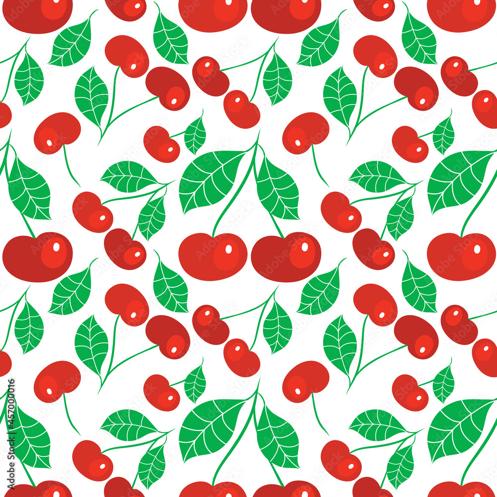 Seamless pattern ripe cherries on a branch with a leaf. Design for fabric, textile, wrapping paper Seamless pattern ripe cherries on a branch with a leaf. Design for fabric, textile, wrapping paper