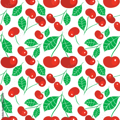 Seamless pattern ripe cherries on a branch with a leaf. Design for fabric, textile, wrapping paper