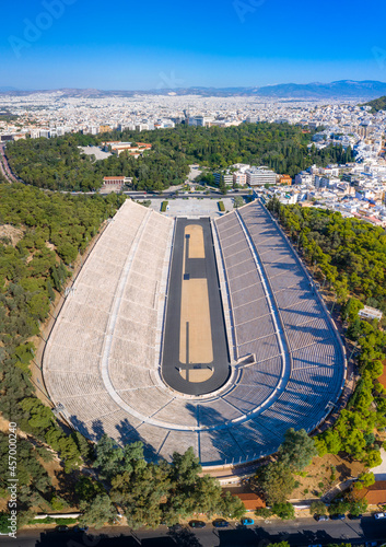 Panathenaic stadium in Athens at night, Greece (hosted the first modern Olympic Games in 1896), also known as Kalimarmaro  photo