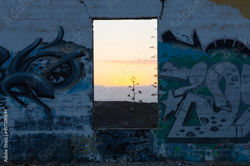  sunset through graffiti wall.