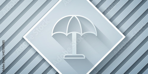 Paper cut Sun protective umbrella for beach icon isolated on grey background. Large parasol for outdoor space. Beach umbrella. Paper art style. Vector