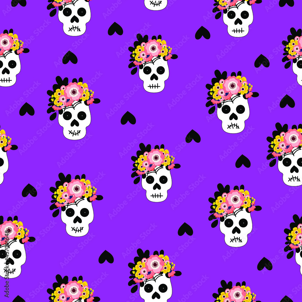 Mexican sugar skull vector seamless pattern, Halloween candy skulls background, Day of the Dead holiday, Black and white calavera wallpaper design, Skull repeating wallpaper, Dia de los Muertos Mexican sugar skull vector seamless pattern, Halloween candy skulls background, Day of the Dead holiday, Black and white calavera wallpaper design, Skull repeating wallpaper, Dia de los Muertos