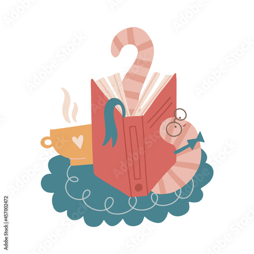 Tired funny bookworm stretching itself fter prolonged reading of a book, studying. Evening at home with cup of tea or coffee. Flat hand drawn vector illustration.