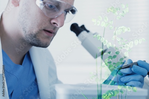 Double exposure doctor researchers for medical and business in the laboratory, analyzing