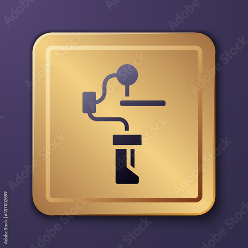 Purple Gimbal stabilizer for camera icon isolated on purple background. Gold square button. Vector