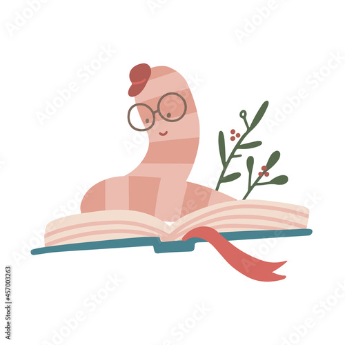 Focused little bookworm sits on an open book and reads carefully. Flat hand drawn vector illustration. photo