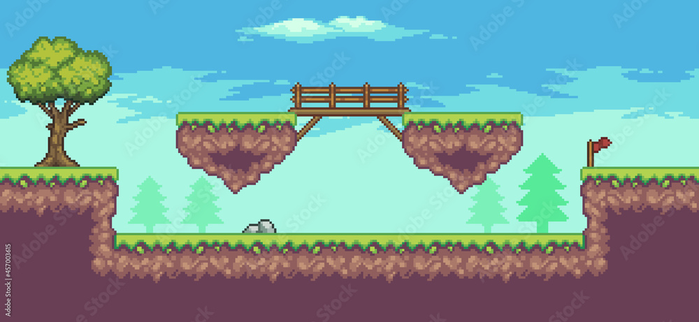 Pixel art arcade game scene with floating platform, trees, bridge and ...