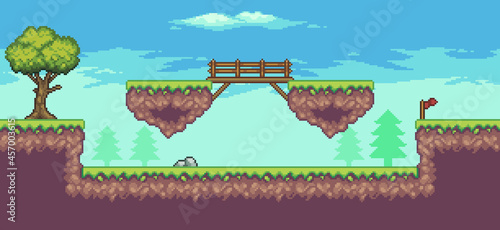 Pixel art arcade game scene with floating platform, trees, bridge and clouds 8bit background