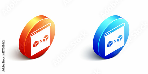 Isometric 3D printer perfect copy icon isolated on white background. 3d printing. Orange and blue circle button. Vector