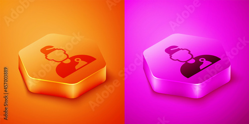 Isometric Wizard warlock icon isolated on orange and pink background. Hexagon button. Vector