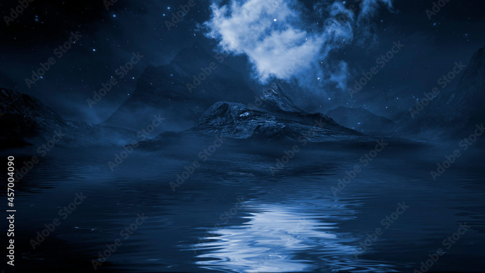 Fototapeta premium Futuristic fantasy night landscape with abstract landscape and island, moonlight, radiance, moon, neon. Dark natural scene with light reflection in water. Neon space galaxy portal. 3D illustration. 