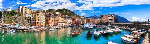 Camogli - beautiful colorful town in Liguria  panorama with traditional fishing boats .popular tourist destination in Italy
