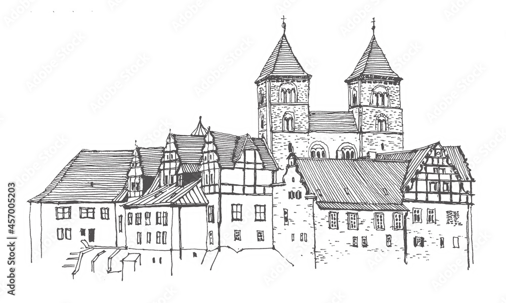 Obraz premium Travel sketch of Quedlinburg, Germany. Hand drawing of old town, Quedlinburg. Historical building line art. Hand drawn travel postcard. Urban sketch in black color isolated on white background.