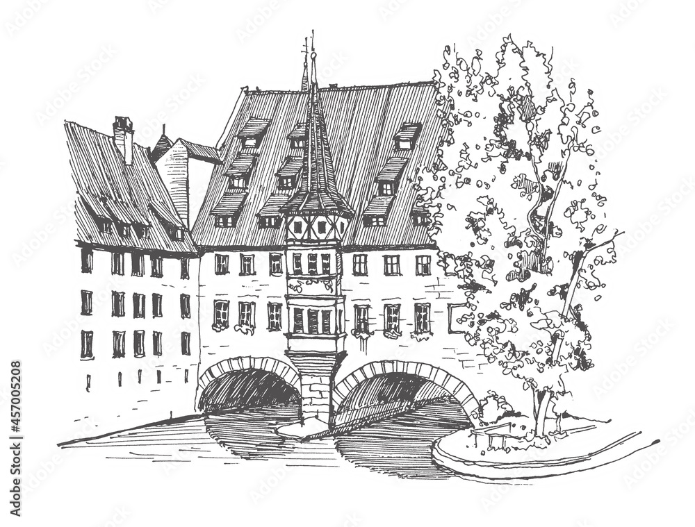 Travel sketch of Nuremberg, Germany. Historical building, bridge, river, old town line art. Freehand drawing. Hand drawn travel postcard. Urban sketch in black color isolated on white background.