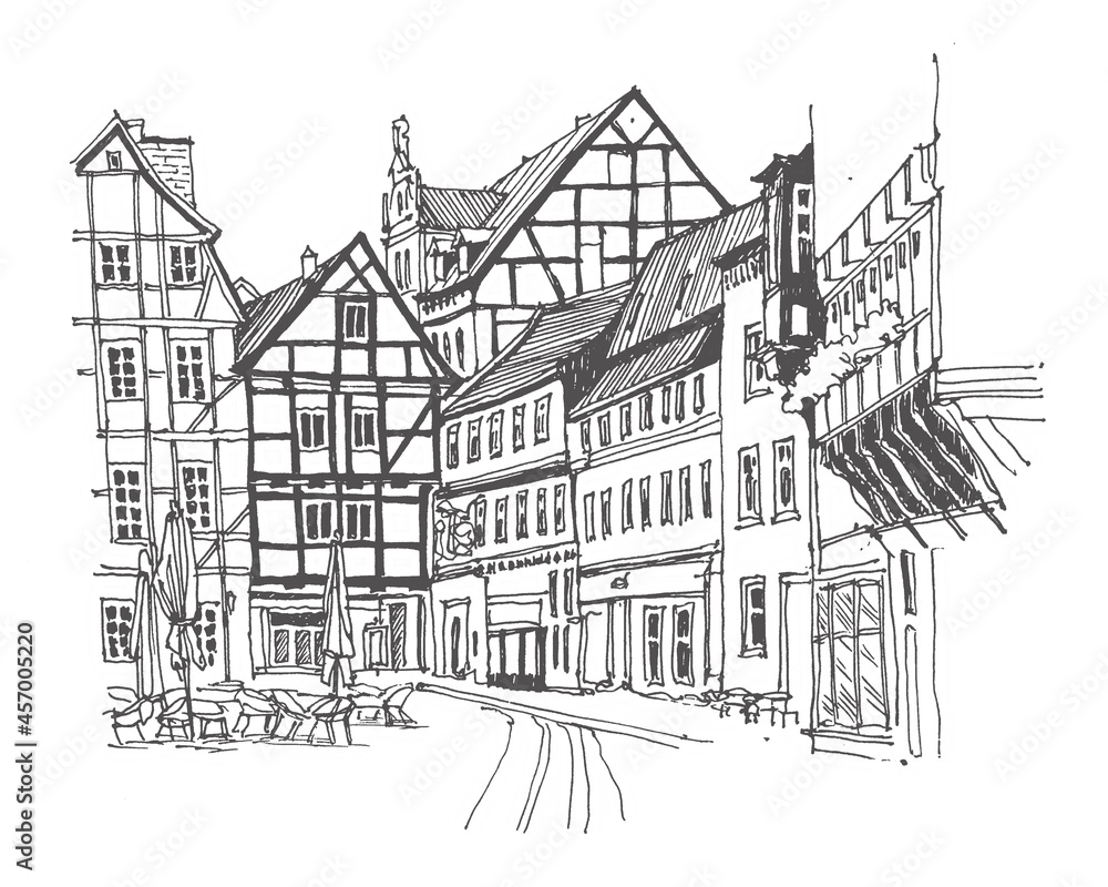Travel sketch of Quedlinburg, Germany. Hand drawing of old town and street cafe. Historical building line art. Hand drawn travel postcard. Urban sketch in black color isolated on white background.