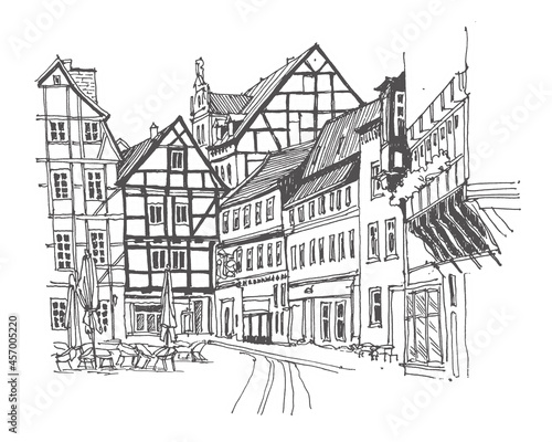 Travel sketch of Quedlinburg  Germany. Hand drawing of old town and street cafe. Historical building line art. Hand drawn travel postcard. Urban sketch in black color isolated on white background.