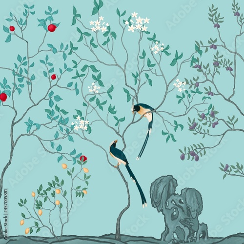 Exotic chinoiserie blue background, wallpaper, murals. A pair of ecotic birds sitting on the branches of blooming jasmine. Long-tailed birds in the garden with lemon tree, with plum tree with plum photo