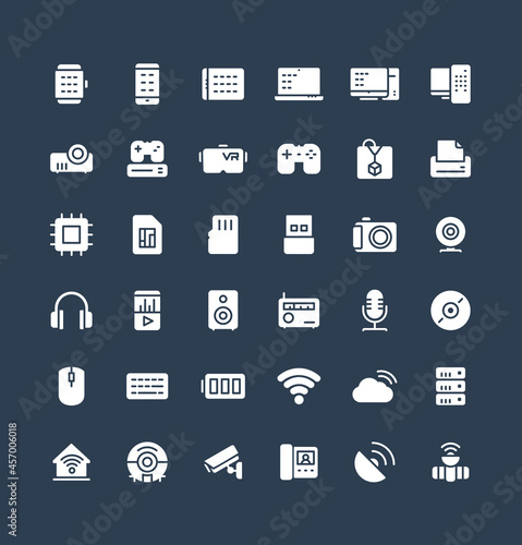 Vector flat icons set and graphic design elements. Illustration with digital and wireless technology solid symbols. Smart phone, laptop, tablet, pc, virtual reality, 3d print glyph pictogram