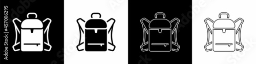 Set Hiking backpack icon isolated on black and white background. Camping and mountain exploring backpack. Vector
