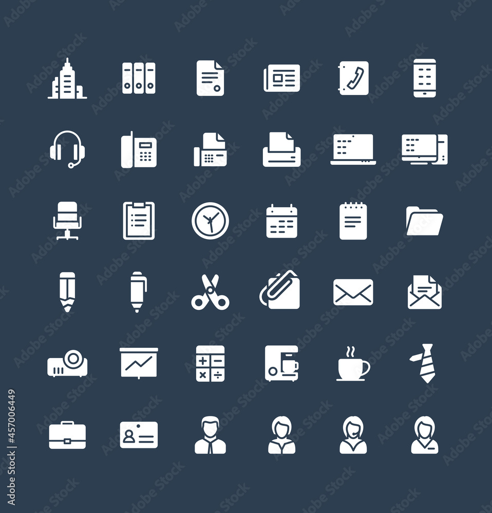 Vector flat icons set and graphic design elements. Illustration with business and office tools solid symbols. Documents, newspaper, telephone, fax, chair, projector screen glyph pictogram Vector flat icons set and graphic design elements. Illustration with business and office tools solid symbols. Documents, newspaper, telephone, fax, chair, projector screen glyph pictogram