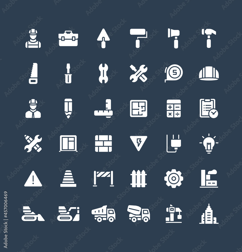 Vector flat icons set and graphic design elements. Illustration with construction, industrial, architectural, engineering solid symbols. Home repair tools, worker, build glyph pictogram Vector flat icons set and graphic design elements. Illustration with construction, industrial, architectural, engineering solid symbols. Home repair tools, worker, build glyph pictogram